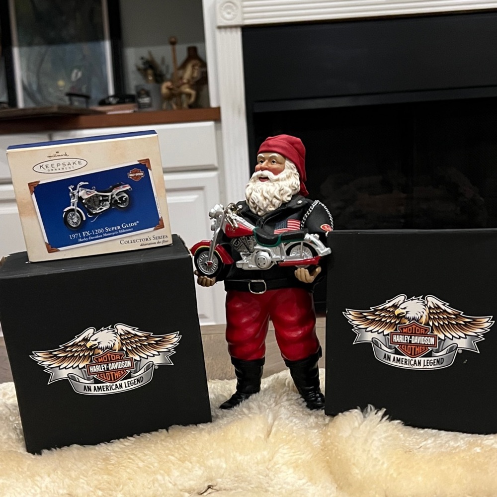 Harley-Davidson Santa Motorcycle and set of Harley Davidson stocking hangers.